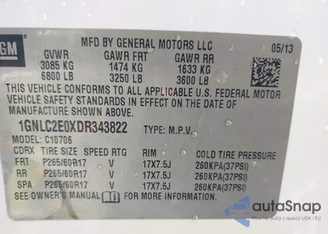 2013 Chevrolet Tahoe Commercial Fleet z USA, uszkodzony, nr VIN 1GNLC2E0XDR343822